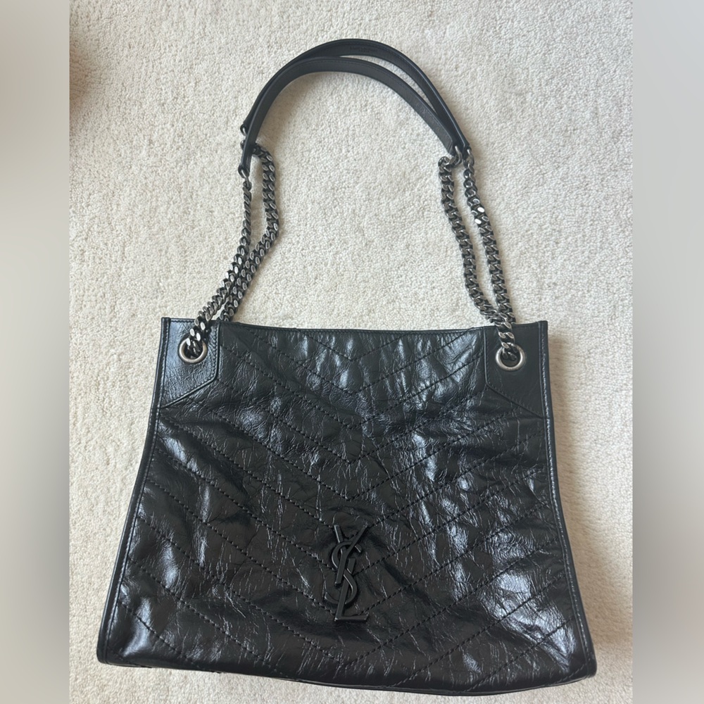 Saint Laurent Crinkled Calfskin Monogram Niki Large Shopping Tote in black